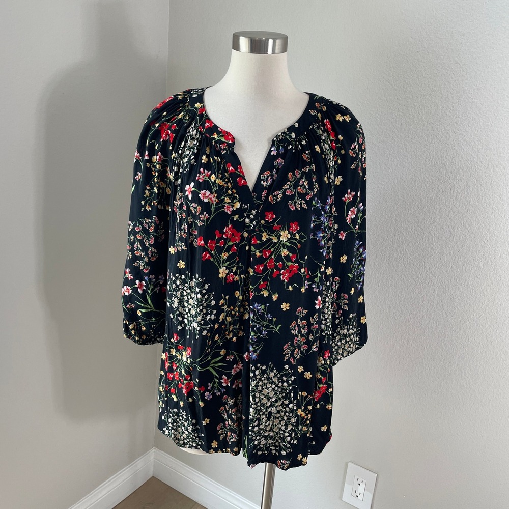 Cynthia Rowley Woman Plus 3X Black Floral Rayon Split Neck Blouse Wildflower